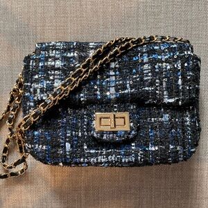 Chic Tweed Chain Strap Bag - Black and Blue